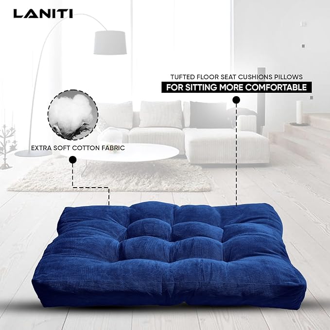 LANITI 24” Inch Extra Large Floor Cushions Tufted Floor Pillow for Adults Square Meditation Ultimate Comfort Oversized Pillows for Floor Cushion (Navy)