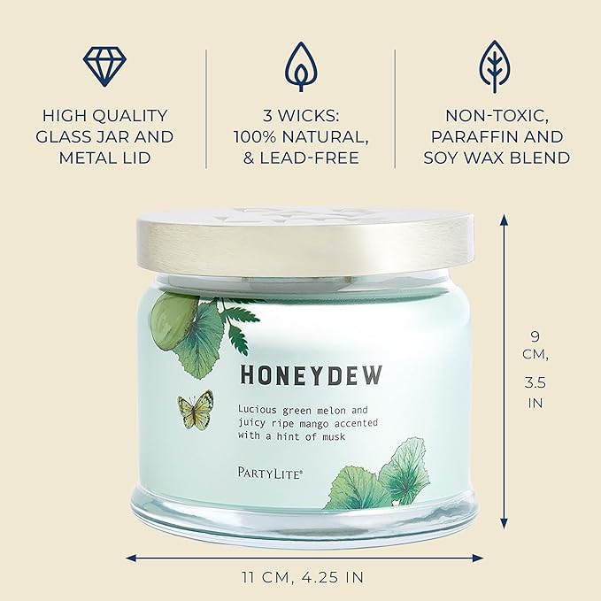 PartyLite Honeydew Scented, Notes of Green Melon, Juicy Ripe Mango and a Hint of Musk, 13.2oz 3-Wick Jar Candle, 45 Hour Burn Time, Luxurious Fragrance, Ideal for Gifting - Bloomnest