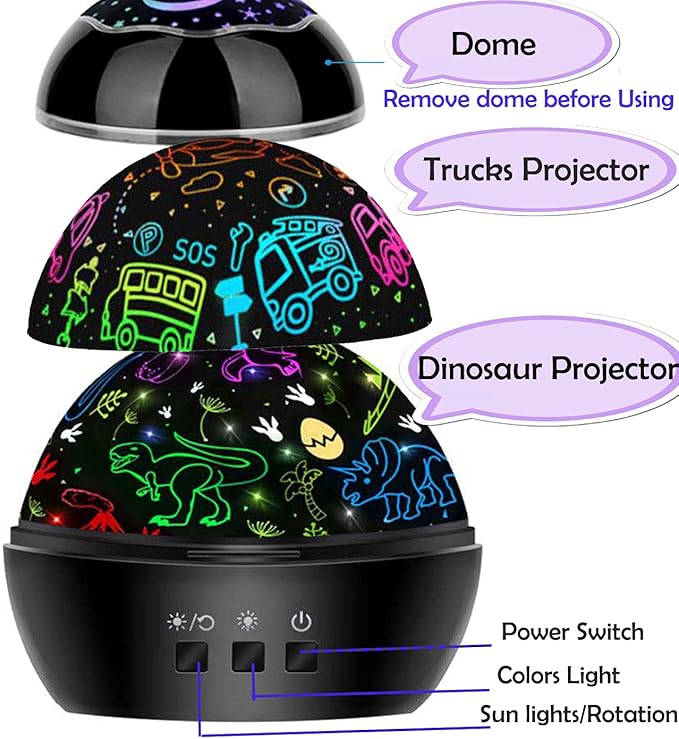 MINGKIDS Night Light for Kids,2 in 1 Rotating Projector Lamp with Dino&Vehicles Theme,2 Ways to Charge,Baby Night Light Ceiling Projector for Bedroom Kids Room Decor - Bloomnest