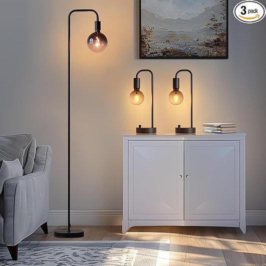 ONEWISH Industrial Lamp Set 3 Piece-1 Floor Lamp and 2 Dimmable Table Lamp- 3 Pack Modern Matching Floor and Table Lamp with Gradient Black Globe Bulb for Living Room,Bedroom(Bulb Included) - Bloomnest