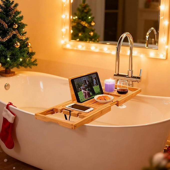 Utoplike Bamboo Bathtub Caddy Tray Bath Tray for Tub, Adjustable Bathroom Bathtub Organizer with Book Tablet Wine Glass Cup Towel Holder (24.5"-37.4") - Bloomnest