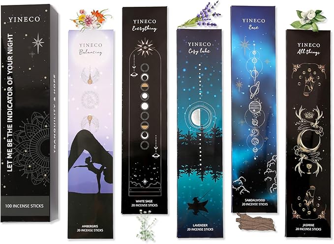 Incense Sticks Set of 100-6 Scents (Dragon's Blood, Lavender, Jasmine, Palo Santo & More) for Relaxation, Sleep & Positive Energy, Long-Lasting Aromatic Sticks (Black) YINECO