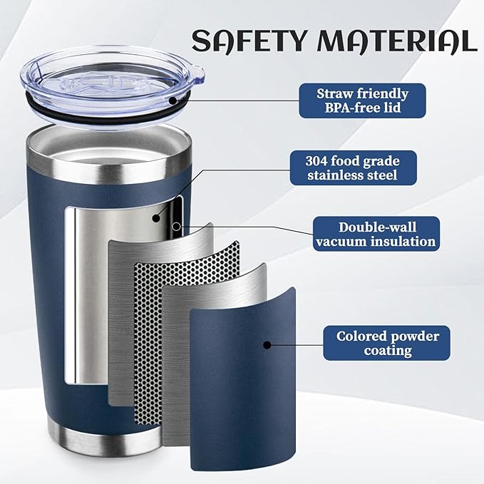 20oz Tumbler Bulk with Lid and Straw, Stainless Steel Double Wall Vacuum Insulated Travel Mug, Powder Coated Coffee Cups for Hot and Cold Drinks,Funny Gifts for Women Men(Navy Blue,1) - Bloomnest