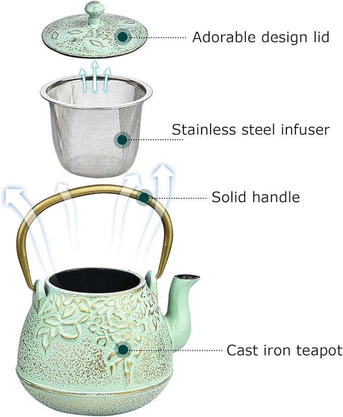 Sungmor Cast Iron Japanese Tetsubin Tea Kettle with Infuser - Stovetop Safe, Enameled Interior - 32 Ounce Light Green Teapot with Salix Leaf Pattern - Bloomnest