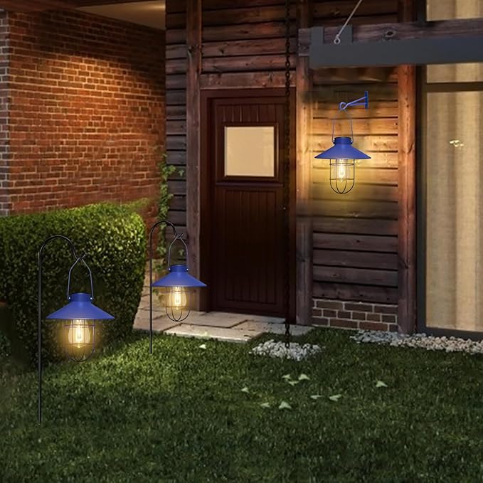 pearlstar Solar Lantern Outdoor Hanging Light Metal Farmhouse Solar Lamp with Warm White Edison Bulb Design for Garden Yard Patio Proch Decor(Blue) - Bloomnest