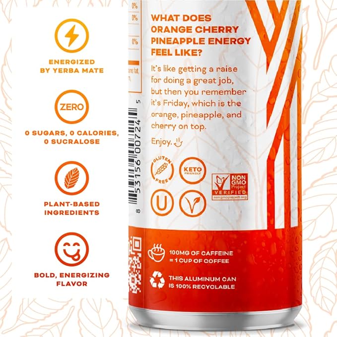 Yerbaé Energy Seltzer - Orange Cherry Pineapple No Sugar/Calories/Carbs. Energized by Yerba Mate, Naturally Caffeinated Plant-Based, Healthy Alternative to Coffee/Sugary Sodas, Pack of 12, 12oz cans - Bloomnest