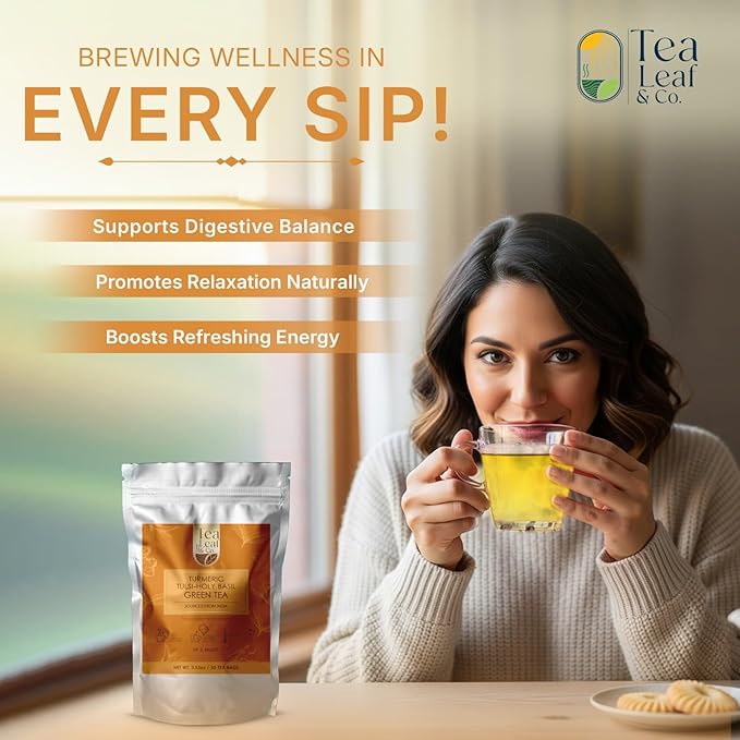 Turmeric Tulsi Tea Bags (50 Count), Green Tea with Turmeric & Peppermint, Stress Relieving, Low Caffeine Gluten Free, Whole Loose-Leaf Pyramid Tea Bags - Bloomnest