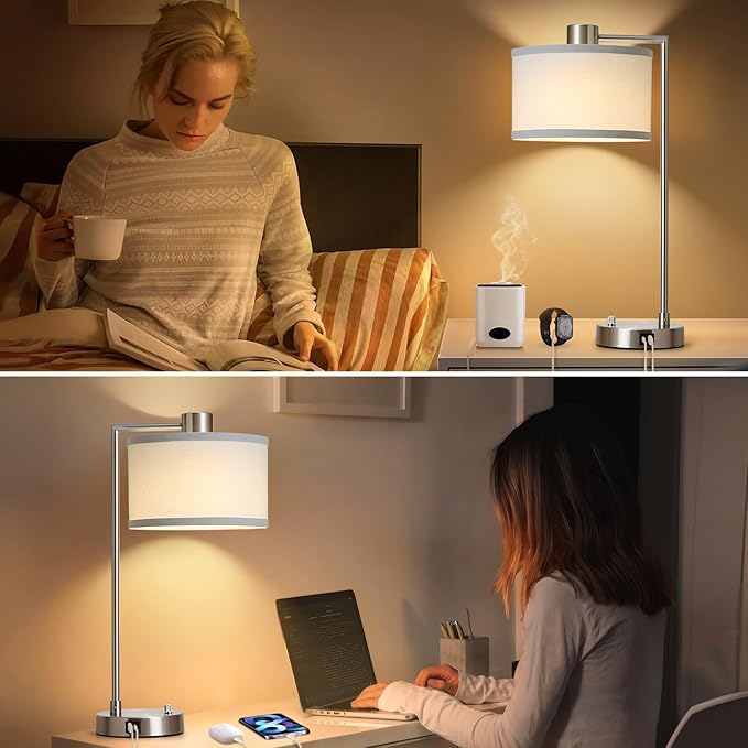 Luvkczc Table Lamps for Living Room with USB C+A Ports - Fully Stepless Dimmable Bedsides Lamp with Linen Lampshade, Lamps for Night Stands Bedroom Reading Office, 2 LED Bulbs Included (Silver) - Bloomnest