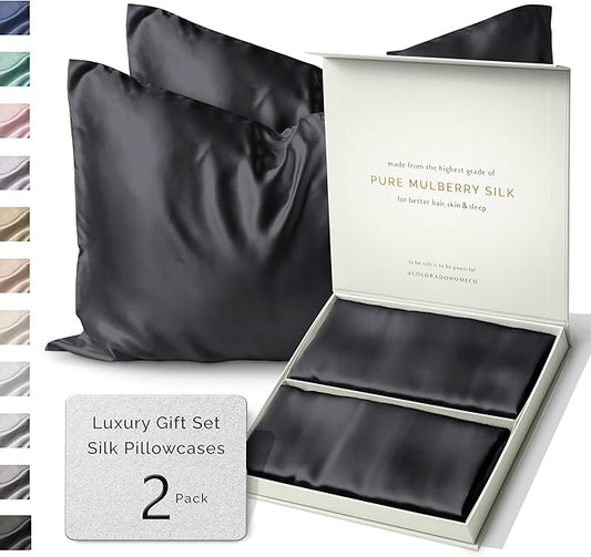 SUNDAYSILKS™ | Silk Pillow Cases 2 Pack | 22 Momme Mulberry Silk Pillowcase Set of 2 | All Sides 100% Pure Silk Slip Pillowcases Bliss for Women, Zipper | Standard Queen, King Size [Midnight Black] - Bloomnest