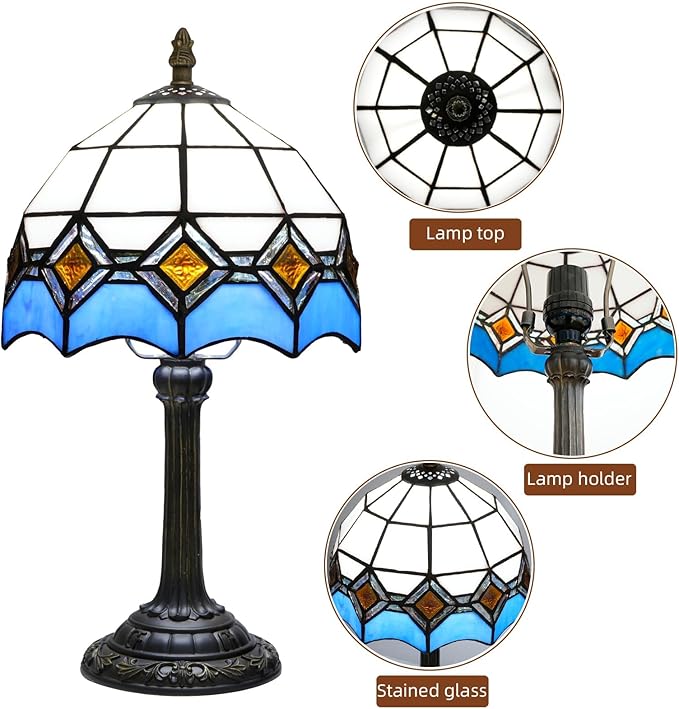 Blue and White Lamp Small Tiffany Lamps Bedside for Bedroom Dector Light Stained Glass Table Lamp Living Room Night Lamp Farmhouse Cute 8 Inch Aesthetic Mediterranean Mosaic Nightstand Desk Lamps E26 - Bloomnest