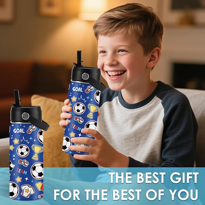 Soccer Gifts for Kids - 16 Oz Kids Water Bottle with Straw Lid, Stainless Steel Insulated Tumbler, Leak Proof, BPA-Free, for Girls, School, Travel - Soccer Lovers Children Birthday Gifts Cups(1pc) - Bloomnest