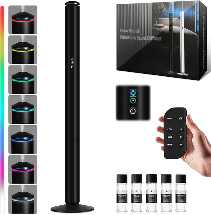 Waterless Scent Diffuser Starter Kit - 2000 Sq Ft Coverage, Luxury Hotel Scent Diffuser, Diffusers for Essential Oils Large Room, Included 5 Scent Oils, Remote Control, Black, 40In - Bloomnest