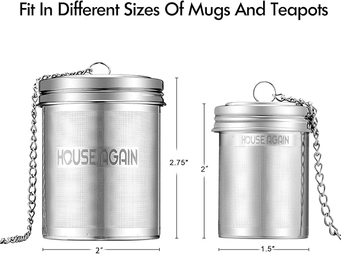 House Again Tea Infuser (2 Pack, Large + Small), Extra Fine Mesh Tea Strainers for Loose Tea, 18/8 Stainless Steel Tea Strainer with Extended Chain Hook, Tea Steeper - Bloomnest