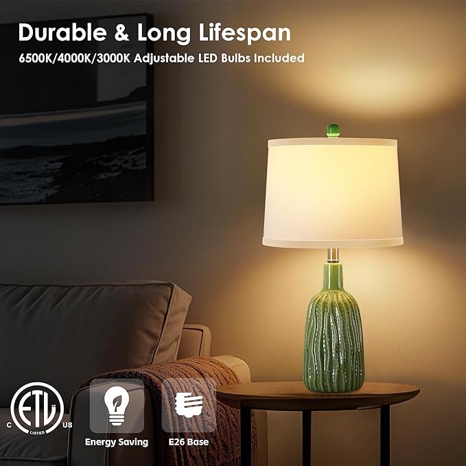 GRUENLICH Ceramic Table Lamp Set of 2 for Nightstand, 22.5" Modern Green Bedside Lamp with 3 Adjustable Color Temperature, Bedroom Lamp for Living Room Desk End Table Office (2 LED Bulbs Included) - Bloomnest