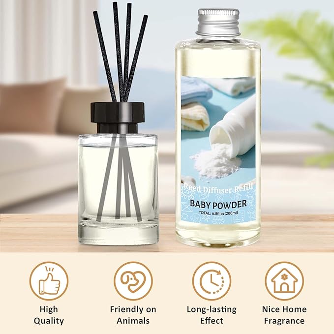 STRN Reed Diffuser Refill, Baby Powder Scented Reed Diffuser Set, 200ml with Sticks, Long-Lasting Aromatherapy, Home Fragrance for Bedroom, Spa, Bathroom, Office - Bloomnest