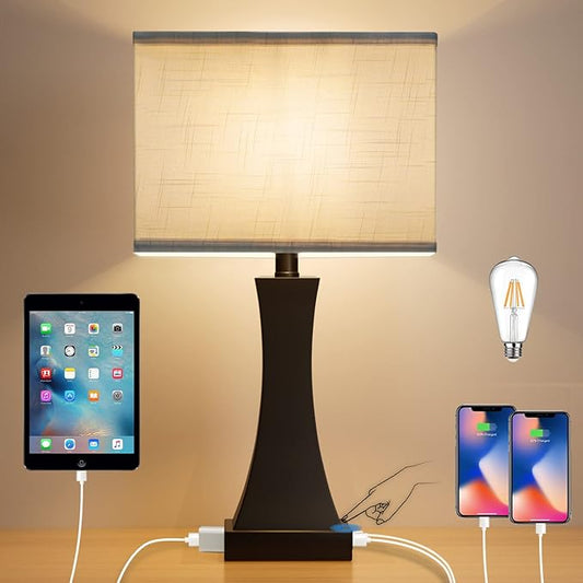 Table Lamp for Bedroom 3-Way Dimmable Touch Control Bedside Lamp with USB A+C Port & AC Outlet 21.6" Tall Nightstand Lamp for Living Room Office and Hotel Bulb Included - Bloomnest