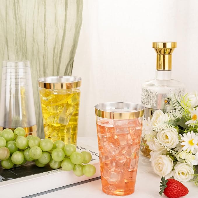 I00000 16 oz Gold Plastic Cups, 100 Pack Clear Plastic Cups Tumblers Gold Rimmed Cup, Heavy-duty Disposable Cup Perfect for Halloween, Thanksgiving and Christmas Parties - Bloomnest