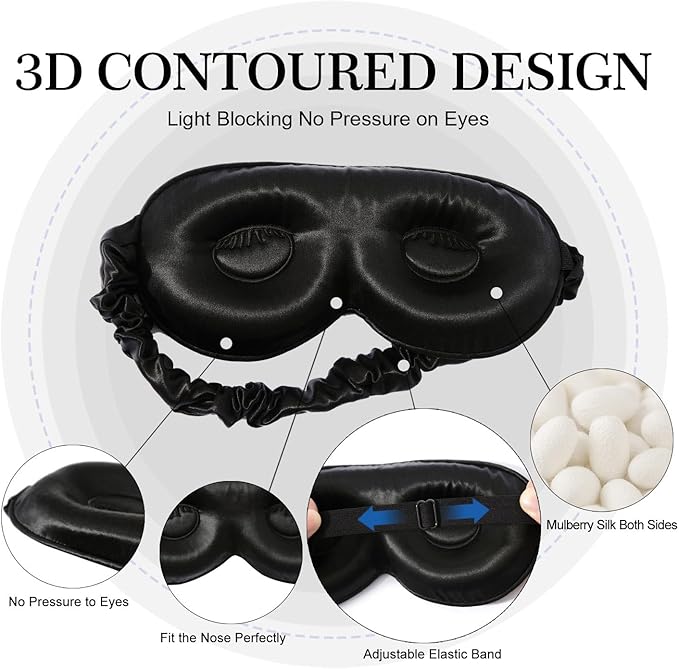 ZIMASILK Adjustable 22 Momme 100% Pure Mulberry Silk Sleep Mask, 3D Contoured Cup Eye Mask for Sleeping, Super Soft Breathable Blindfold, Perfect Blocks Light for Sleeping (Black) - Bloomnest