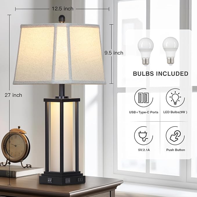 27" Tall Vintage Table Lamp Set of 2 with USB C+A & Outlet,Black Industrial End Table Lamp for Living Room,Farmhouse Rustic Bedside Lamps with Bell Lampshades for Bedroom Nightstand,Black - Bloomnest