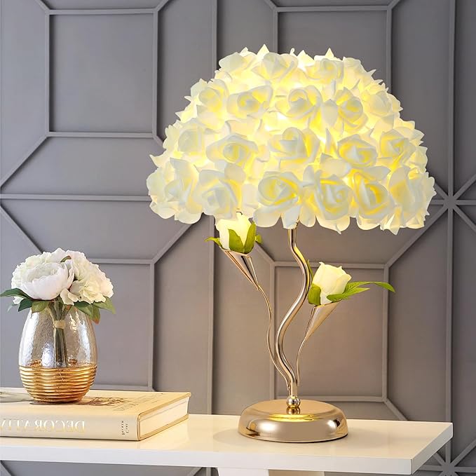 Flowers Table Light Fabric Rose Nightstand Lamp Creative Romantic Bouquet Desk Lamp Yellow Princess Lamp for Wedding Decor Valentines Dating Bedroom Livingroom Hotel Office - Bloomnest