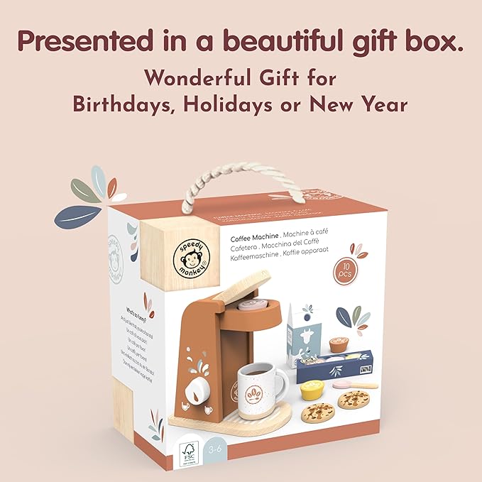 SPEEDY MONKEY Wooden Kids Coffee Machine Playset – FSC Certified Pretend Play Espresso Maker, Barista Role Play Café Set Toy for Toddlers, Boys & Girls, Coffee Grinder with Cups & Kitchen Accessories - Bloomnest