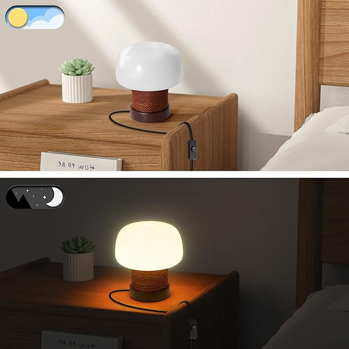 Small Table Lamp for Bedroom-Wooden Base Mushroom Table Lamps,Milky White Glass Shade,Three Adjustable Color Temperatures Modern Cute Unique Side Table and Desk Lighting(H 7.4 in) - Bloomnest