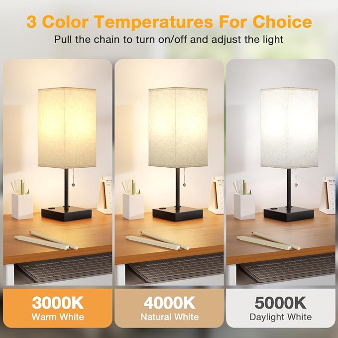 aooshine Beige Table Lamp for Bedroom - 3 Color Temperature 3000K 5000K 4000K Bedside Lamp, Pull Chain Control, USB A and C Ports, AC Outlets, Bulb Included, Medium - Bloomnest