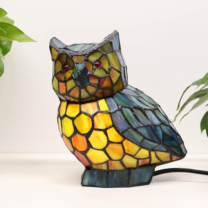 Tiffany Owl Lamp Blue and Green Stained Glass Animal Table Lamp Accent Lamp - Bloomnest