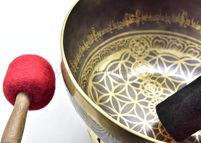 10 Inch Fine Etching Handmade Singing Bowl Yoga Meditation, with cushions and Mallet, Real Sandmade Singing Bowl from Nepal, healing bowls - Bloomnest