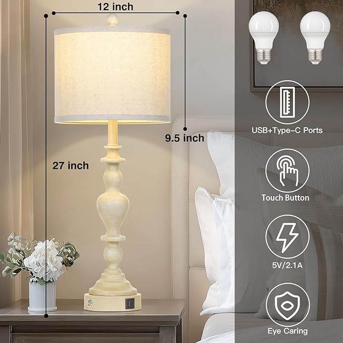 27" Vintage Farmhouse Table Lamps for Living Room Set of 2, Rustic Nightstand Lamps with USB C+A Ports, 3-Way Dimmable Retro Bedside Lamps for Bedroom Office 2 LED Bulbs Included Washed Antique Beige - Bloomnest