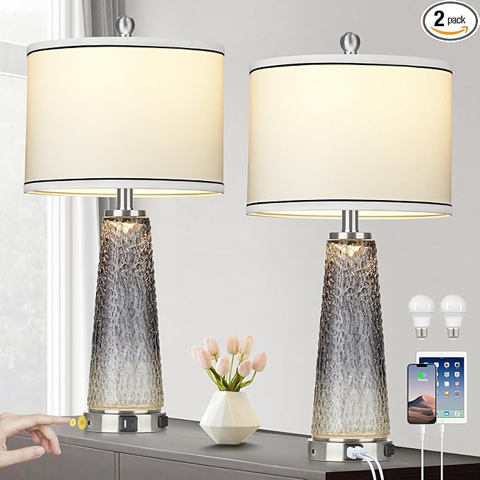 Glass Table Lamp Set of 2, 26" Modern Table Lamps with USB A+C Ports & AC Outlet, Touch Control Bedside Nightstand Lamp with LED Night Light for Living Room Bedroom Home Decor Black(4 Bulbs Included) - Bloomnest
