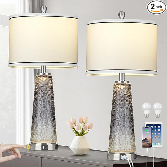 Glass Table Lamp Set of 2, 26" Modern Table Lamps with USB A+C Ports & AC Outlet, Touch Control Bedside Nightstand Lamp with LED Night Light for Living Room Bedroom Home Decor Black(4 Bulbs Included) - Bloomnest