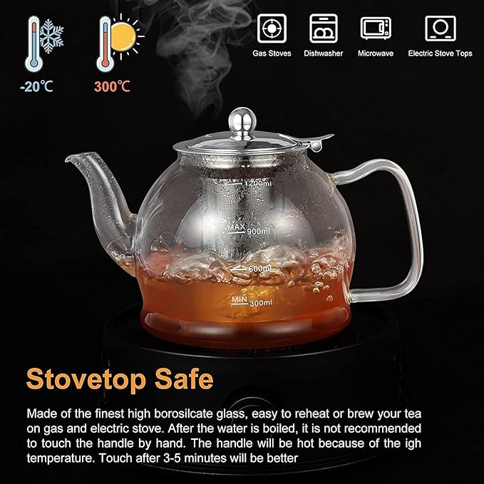 Glass Teapot, 40oz/1200ml Tea Pot with Removable Infuser for Loose Tea, Stovetop Safe Borosilicate Glass Tea Kettle with Strainer and Lid, Hand Crafted Clear Teapot with Scale Line, Tea Brewer Guide - Bloomnest