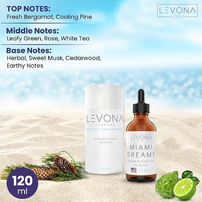 Levona Scent Essential Oils for Diffusers for Home: Miami Dreams Hotel & Home Luxury Scents Fragrance Oil - Aroma Oil with Notes of Bergamot Oil & Pine Essential Oil -120 Ml Scented Oils for Diffuser - Bloomnest