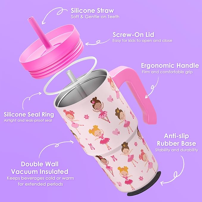 Ballerina Tumbler 20oz with Handle and Silicone Straw Lid for Kid, Insulated Stainless Steel Cup, Gift for Kids Girls, Gifts Idea for Birthday Christmas Back to School - Bloomnest