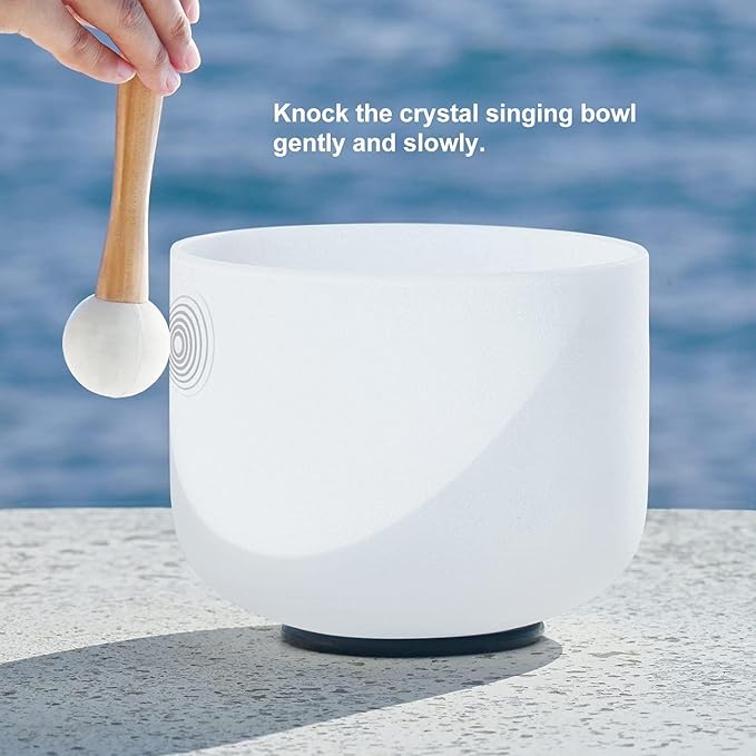CVNC 432Hz 8 Inch D Note Navel Chakra Frosted Quartz Crystal Singing Bowl with Mallet and O-ring for Sound Healing Meditation - Bloomnest