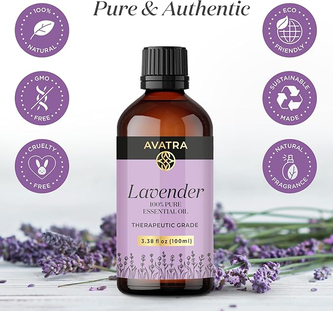 Avatra Lavender Essential Oil 100ML (3.38 OZ) with Glass Dropper and Travel Bottle, Pure and Natural Therapeutic Grade Lavender Oil for Diffuser, Aromatherapy, Massage, and DIY Candle Products - Bloomnest