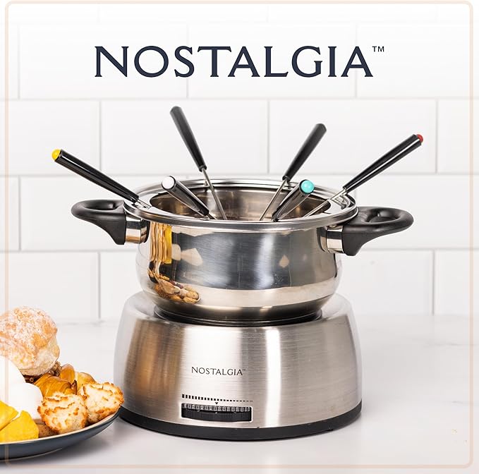 Nostalgia 6-Cup Electric Fondue Pot Set for Cheese & Chocolate - 6 Color-Coded Forks, Temperature Control - Stainless Steel Kitchen Gadgets and Appliances for Hors d'Oeuvres and More - Stainless Steel - Bloomnest