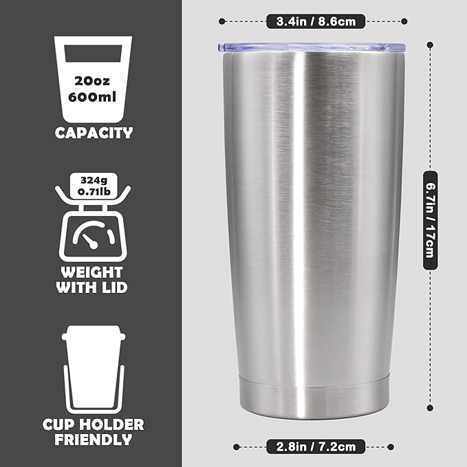 20oz Tumbler Bulk Stainless Steel Tumbler Cup with Lid Vacuum Insulated Double Wall Travel Mug, Durable Powder Coated Travel Coffee Tumbler Mug for Hot & Cold Drinks, Stainless Steel,8 Pack - Bloomnest