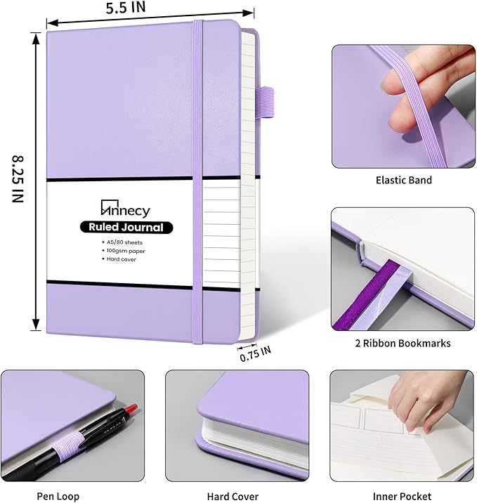Annecy Lined Journal Notebook, Hardcover Leather Journal for Women & Men, 160 Numbered Pages, Medium 5.5" x 8.25", 100 GSM Thick Paper, Purple - Bloomnest
