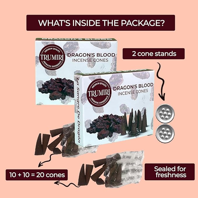TRUMIRI Dragons Blood Incense Cones - Total 20 Cone Incense - Dual Pack of 10 Insence Cones - Incense Cones Scented - Cone Incense Scents - Insense Cones - Incent Cone TRUMIRI