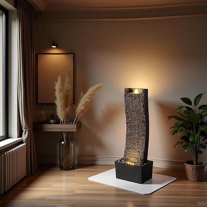 38.2in. Indoor/Outdoor Water Fountain with LED Lights – Vintage Rock Design and Relaxing Waterfall Feature for Home, Garden, or Office (Curved Slate Stone)