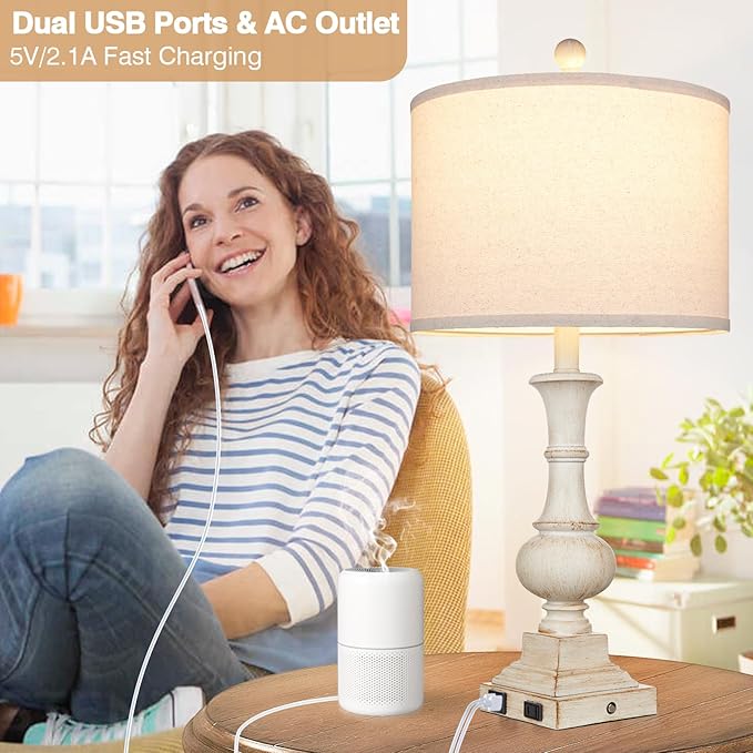 26" Farmhouse Table Lamp, Vintage Rustic Touch Control Bedside Lamp with 2 USB Ports & AC Outlet, Boho Resin 3-Way Dimmable Nightstand Lamp Linen Fabric Shade for Living Room Bedroom End Table White - Bloomnest