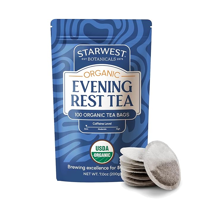 Starwest Botanicals Organic Evening Rest Tea - Caffeine Free Herbal Tea Blend for Sleep, Contains Chamomile & Lemon Balm, String Free Sachets, USDA Organic, Non GMO - Bulk Pack, 100 Tea Bags - Bloomnest