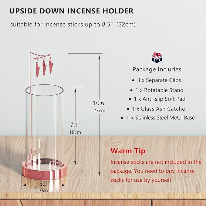Incense Holder Ash Catcher - Upside Down Glass Incense Holder for Sticks, Reverse Inverted Anti Ash No Mess Insence-Stick Holder, Modern Metal Decorative Vertical Incense Burner, Rose Gold - Bloomnest