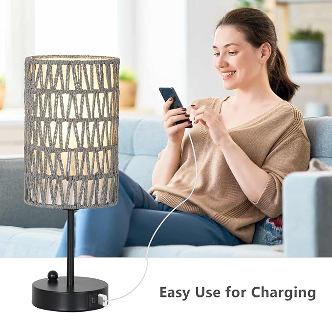 Gray Bedside Lamps Set of 2, Touch Control Night Stand Lamp for Bedroom with Rattan & Linen Shade & Bulbs, 3 Way Dimmable Small Boho Table Lamps with USB Charging Port & Phone Stand - Bloomnest