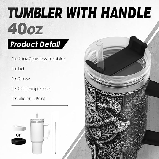 Viking Tumbler Gifts for Men, 40oz Stainless Steel Insulated Coffee Tumbler With Lid & Straw, Travel Cup Gift for Husband Dad, Christmas Birthday - Bloomnest
