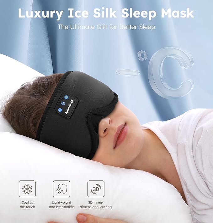 Ice Silk Sleep Mask with Headphones, Sleep Headphones for Side Sleeper with 3D Cups, Bluetooth 5.4 Sleeping Eye Mask, Total Blackout Sleeping Headphones for Women Men(Black) - Bloomnest