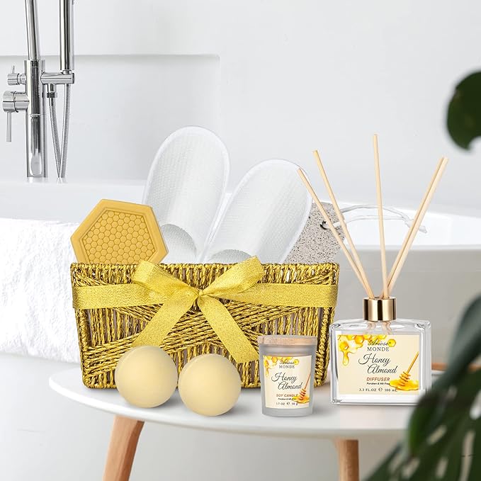Bath & Body Gift Set, Luxury Home Spa Bath Gift Basket, Honey Almond Scented Bath Set, Pamper Gifts for Women & Teens, 15 Pcs Relaxing Home Spa Kit with Bubble Bath, Bath Salts, Body Lotion - Bloomnest