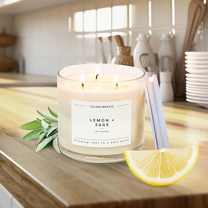 Calyan Wax Co. Lemon & Sage 3 Wick Scented Candle - 43 Hour Burn - Luxury 3 Wick Soy Candles - Non Toxic Soy Wax Candles - Long Lasting Large Glass Jar Candle for Home - 14.9oz - Bloomnest